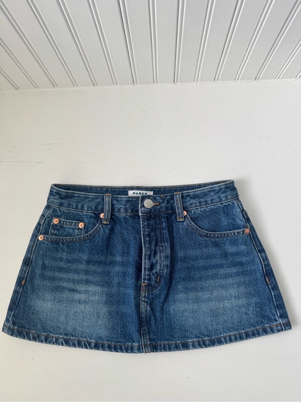 PARKE Finished Denim Mini Skirt Medium Wash